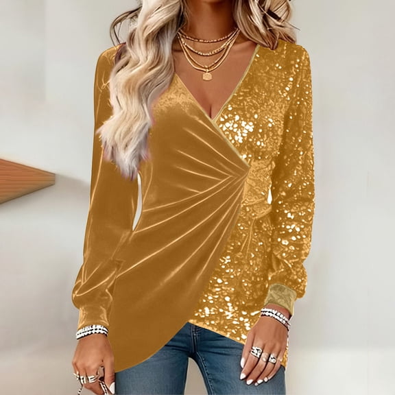 Velvet Tops for Women Plus Size Ladies' fashionable casual solid color gold velvet sequin long sleeved V-neck top Yellow XXL