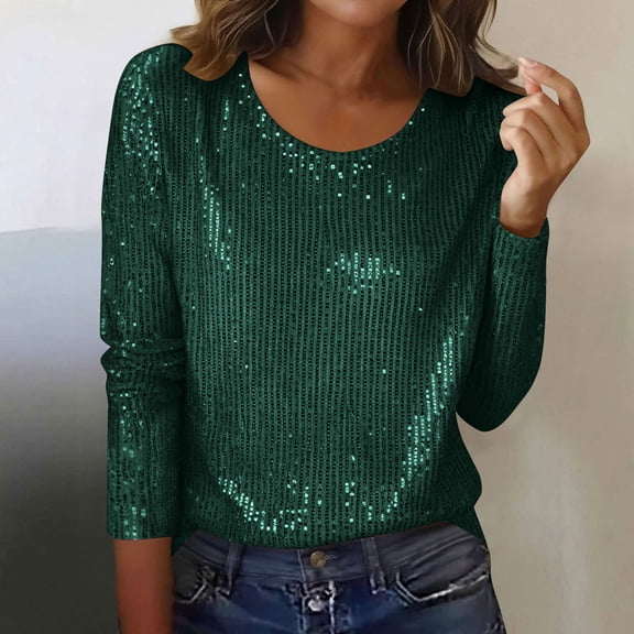 Velvet Tops for Women Plus Size Women's Casual Sequin Fashion Round-Neck T-Shirt Green XXL