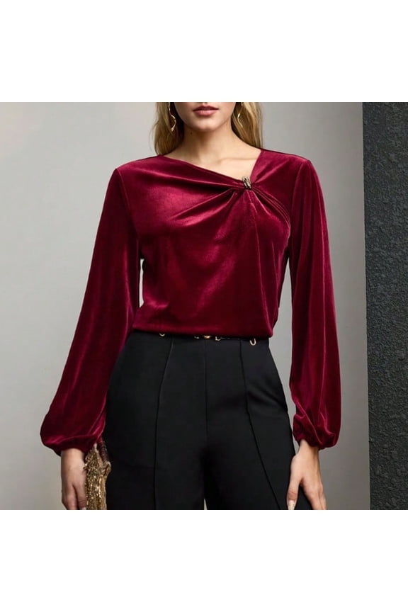 Velvet Tops for Women Plus Size Women's Crushed Velvet Top With Knotted Asymmetric Neckline And Long Sleeves Red M