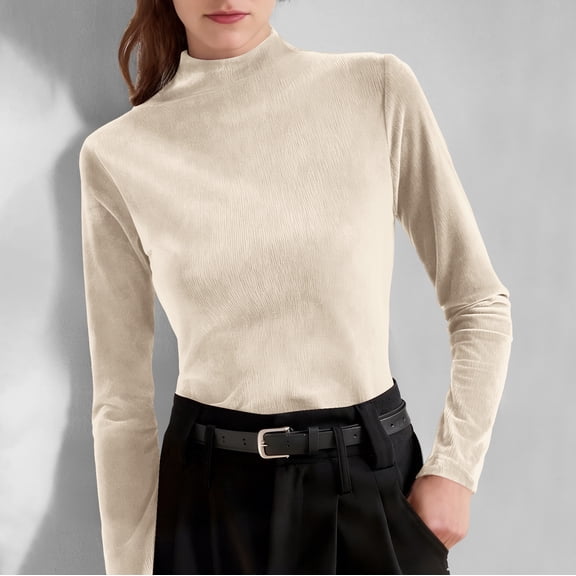 Velvet Tops for Women Plus Size Women's Semi High Neck Gold Velvet Base Shirt Top Beige M