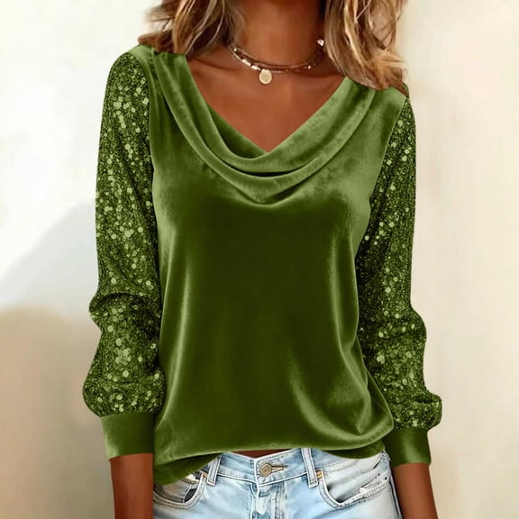 Velvet Tops for Women Plus Size Women's Sequin Patchwork Long Sleeve V-Neck Blouses Pullover Casual Fashionable Top Green XL