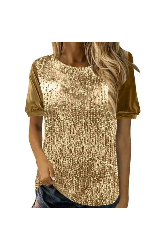 Velvet Tops for Women Plus Size Women's Solid Color Sequined Velvet Patchwork Round Neck Short Sleeved T-shirt Gold XXL