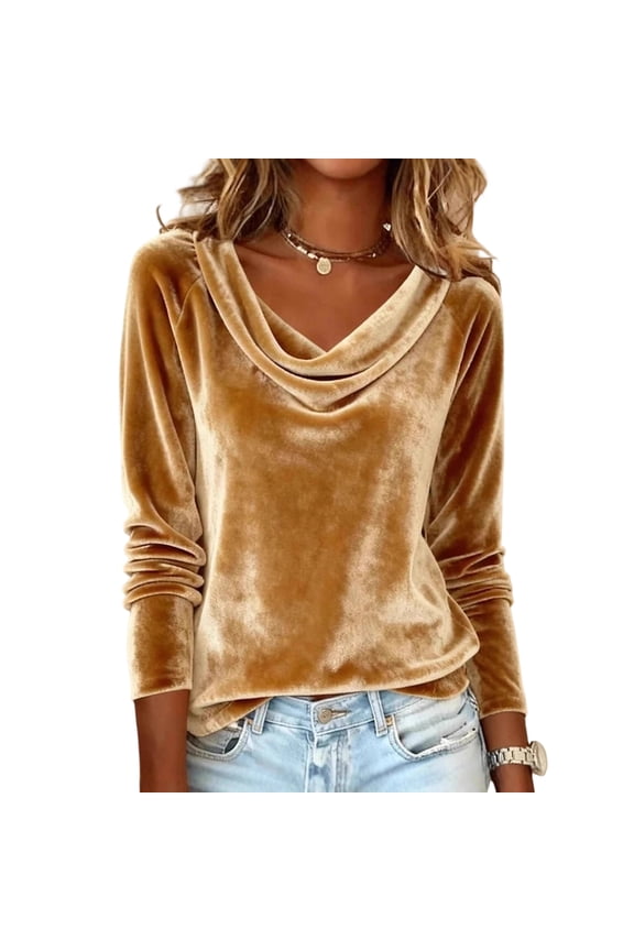Velvet Tops for Women Vintage Long Sleeve Cowl Neck Dressy Casual Blouses Loose Fit Pullover Shirts Gold M