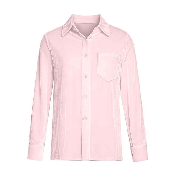 Velvet Tops for Women Vintage Long Sleeve Shirts Lapel Button Down Velour Blouses (Pink L)