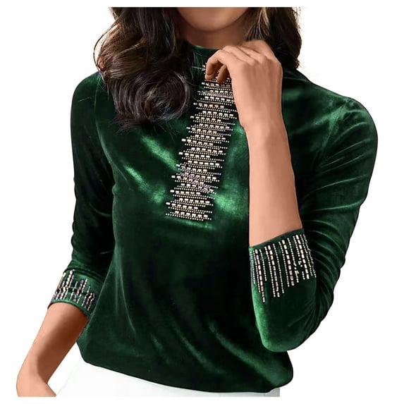 Velvet Tops for Women Vintage Solid Long Sleeve Turtle Neck Blouses for Women Dressy Casual(Green,M)