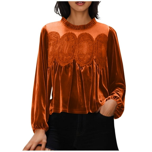 Velvet Tops for Women with Lace Patchwork Elastic Cuffs Long Sleeve Crew Neck Babydoll Dressy Casual Blouses (2XL, Orange)