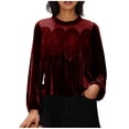 thumbnail image 1 of Velvet Tops for Women with Lace Patchwork Elastic Cuffs Long Sleeve Crew Neck Babydoll Dressy Casual Blouses (2XL, Red), 1 of 7