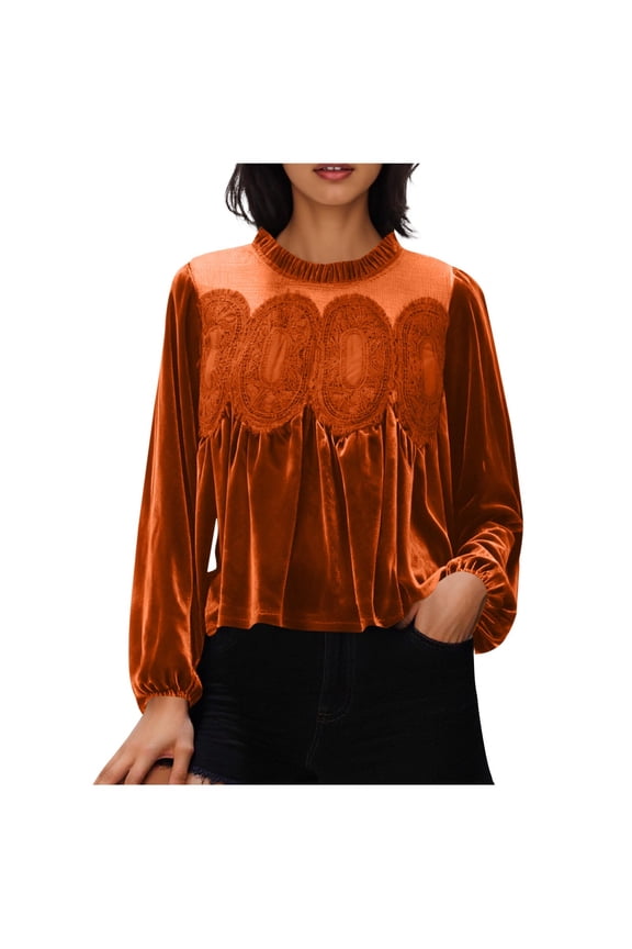Velvet Tops for Women with Lace Patchwork Elastic Cuffs Long Sleeve Crew Neck Babydoll Dressy Casual Blouses (XL, Orange)