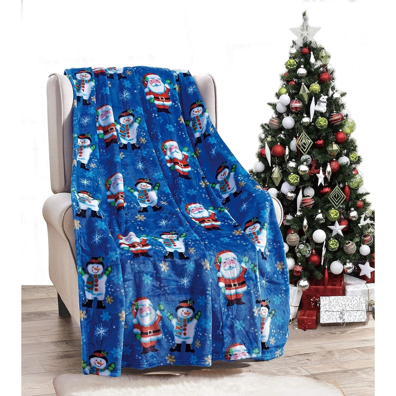 Blue Santa and Snowman Ultra Plush Fleece Throw Blanket