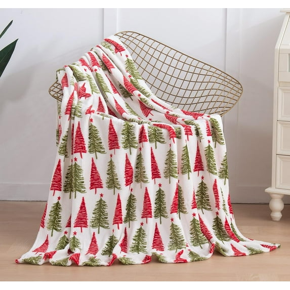 Velvet Touch Ultra Plush Christmas Holiday Printed Fleece Throw/Blanket-50 x 60inch, (Cream Christmas Tree), 50 x 60 inch