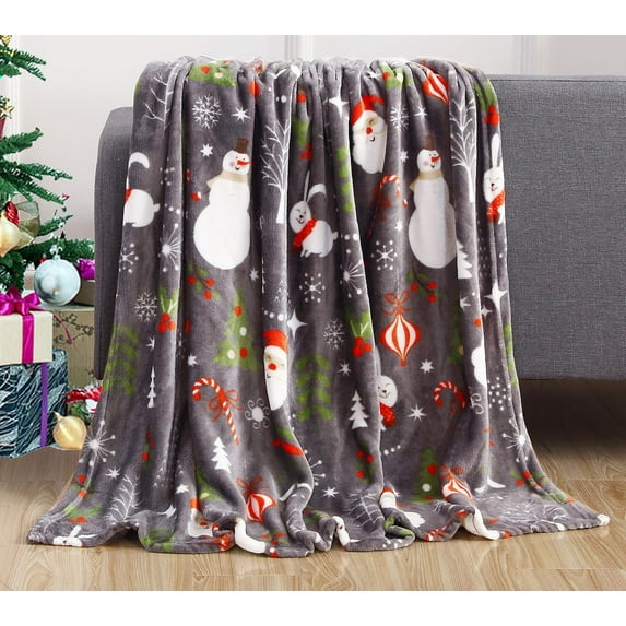 Velvet Touch Ultra Plush Christmas Holiday Printed Fleece Throw/Blanket-50 x 60inch, (Santa Snowman Gray)