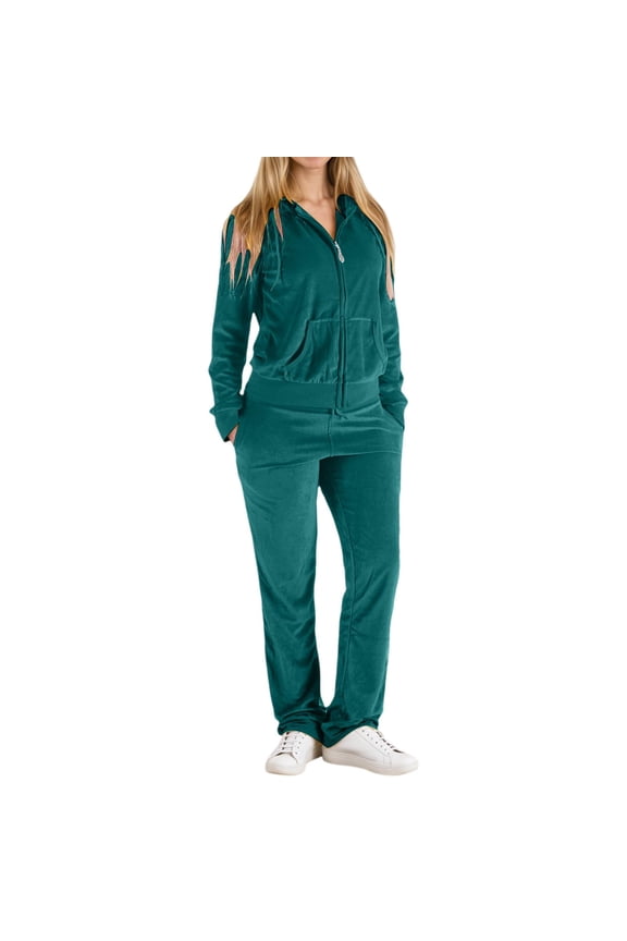 Velvet Track Suits for Women Set Zip Up Hoodies Fall Sweatsuits 2 Piece Tracksuit with Pockets Green M