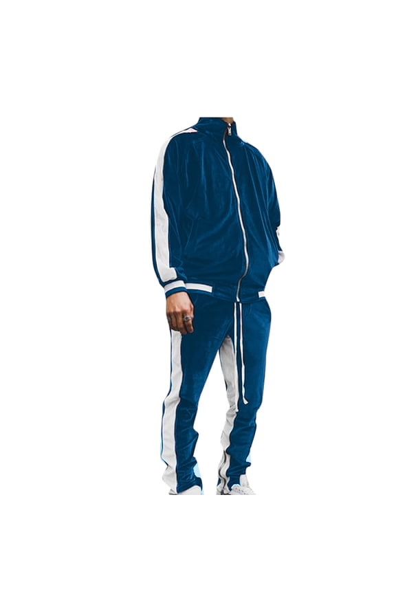 Velvet Tracksuit 2 Piece Jacket Sets Mens Full Zip Up Sweatshirt and Pants Suits Sport Fitness Casual Outfits (Large, Blue)