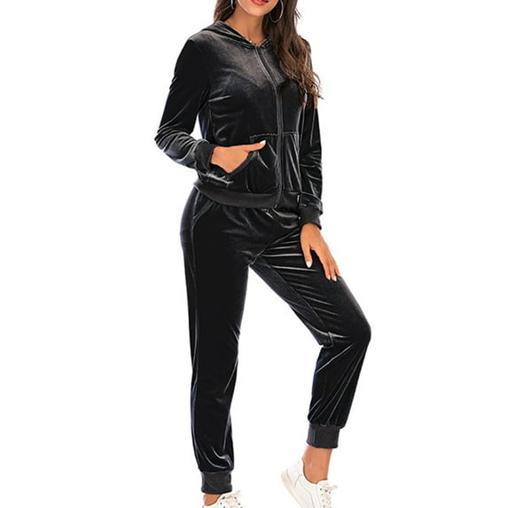 Velvet Tracksuits Women 2 Piece Sweatsuits Zip Up Hoodie Jacket and Pant Sets Joggers Outfits Lounge Sportswear, Black M