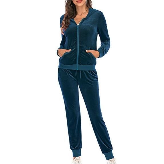 Velvet Tracksuits Women 2 Piece Sweatsuits Zip Up Hoodie Jacket and Pant Sets Joggers Outfits Lounge Sportswear, Navy L
