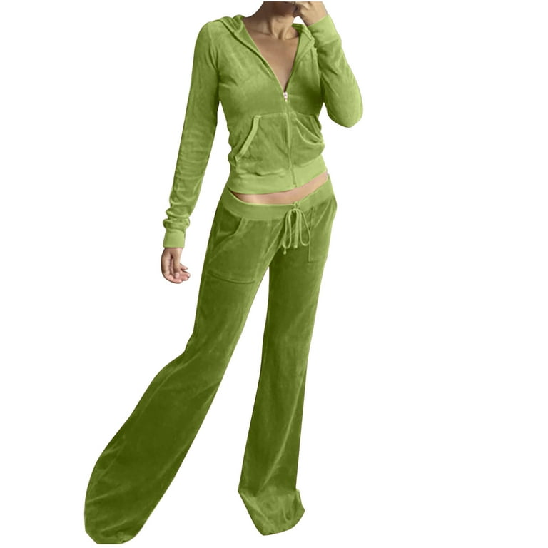 Velvet Tracksuits Womens 2 Piece Comfy Jacket and Pant Sets Full-zip Crop  Hoodie and Bell Bottom Trouser Outfits (Medium, Green) 