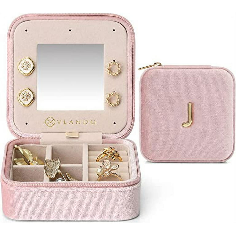 Velvet Travel Jewelry Box, Initial J Letter Small Jewelry Case for