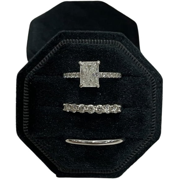 Velvet Treasures Engagement Ring Box - Vintage 3 Slot Octagon Jewelry Box for Wedding Ceremony, Display & Storage, Black