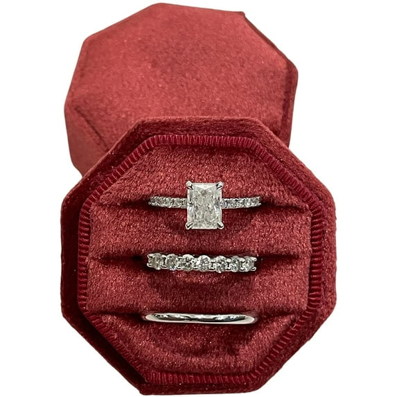 Velvet Treasures Engagement Ring Box - Vintage 3 Slot Octagon Jewelry Box for Wedding Ceremony, Display & Storage, Red