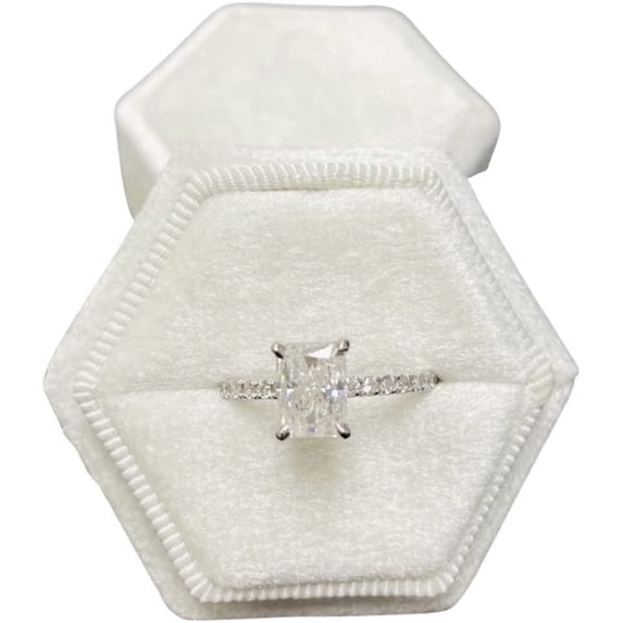 Velvet Treasures Engagement Ring Box, Vintage Hexagon Wedding Jewelry Box for Ceremony, Display & Storage - 1 Slot, White