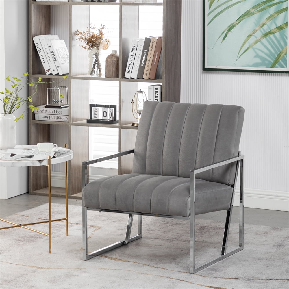 Velvet Tufted Accent Chair Silver Armrest Vanity Chair with