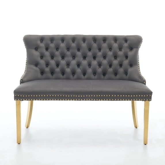Gray Dining Bench with Back, Upholstered Velvet Tufted 2-Seat,Handmade Buttons, Nailhead Trim & Gold Stainless Steel Legs