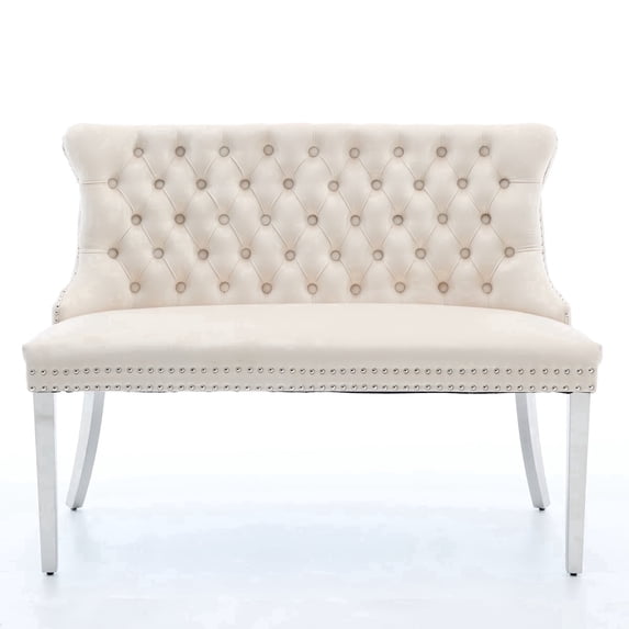 Dining Bench with Back,Upholstered Velvet Tufted 2-Seat,Handmade Buttons, Nailhead Trim &Silver Stainless Steel Legs Beige
