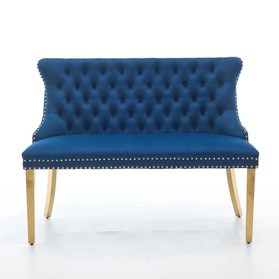 Dining Bench with Back,Upholstered Velvet Tufted 2-Seat,Handmade Buttons, Nailhead Trim & Gold Legs Blue