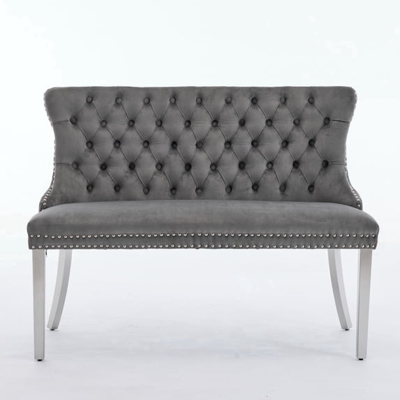 Gray Dining Bench with Back ,Upholstered Velvet Tufted 2-Seat,Handmade Buttons, Nailhead Trim & Silver Stainless Steel Legs