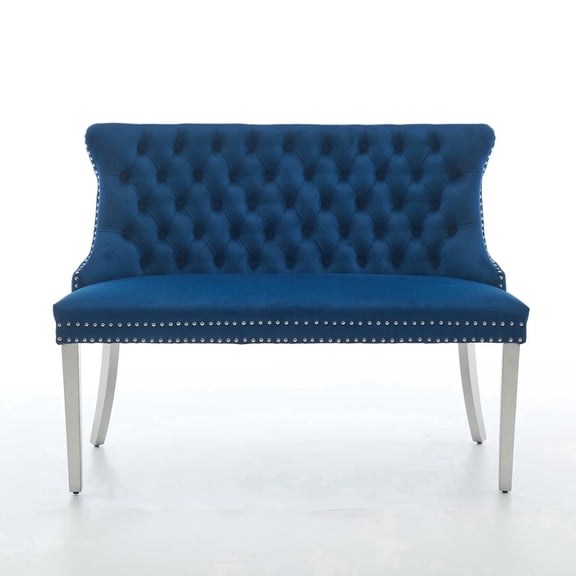 Dining Bench with Back,Upholstered Velvet Tufted 2-Seat,Handmade Buttons, Nailhead Trim &Silver Stainless Steel Legs Blue