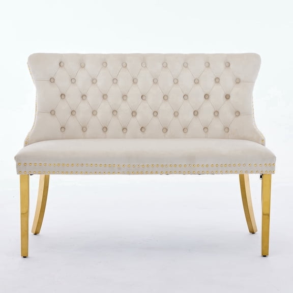 Dining Bench with Back,Upholstered Velvet Tufted 2-Seat,Handmade Buttons, Nailhead Trim &Gold Legs, Beige