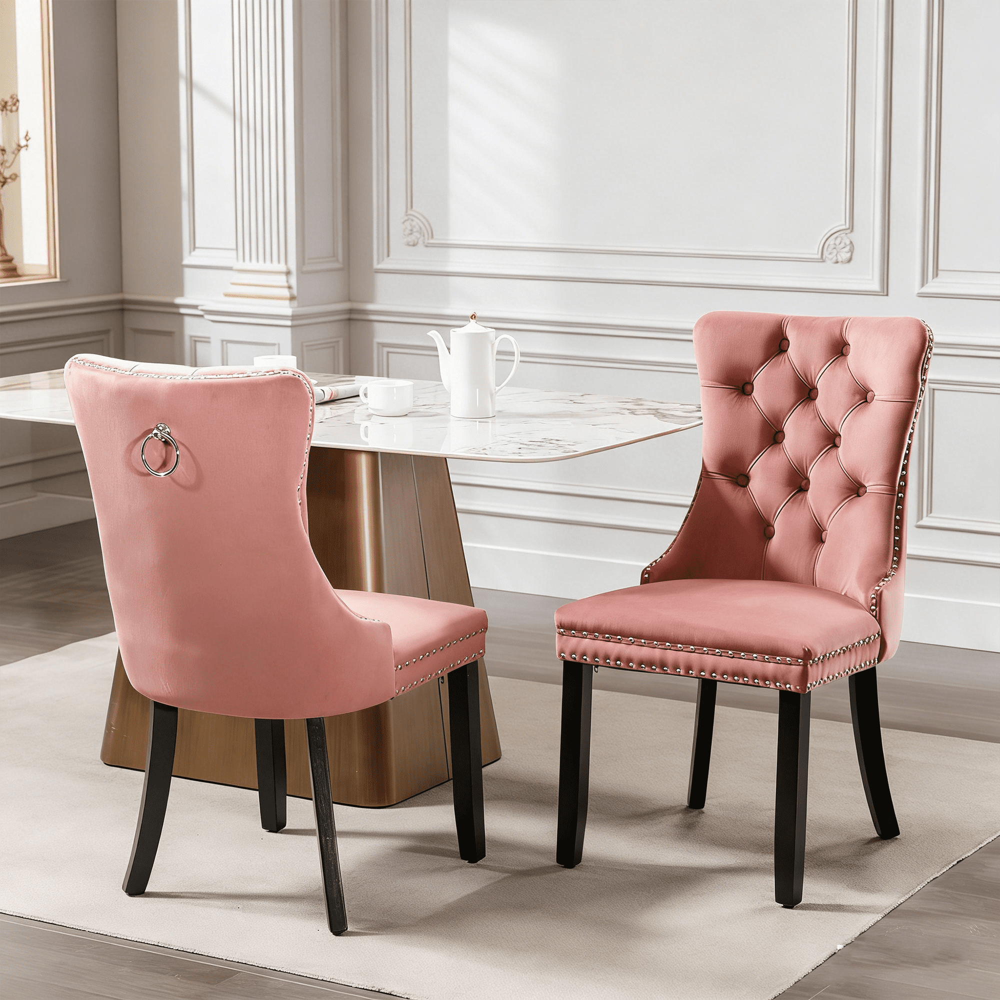 Velvet Tufted Dining Chairs Set of 2, Upholstered Accent Chairs with Solid Wood Frame for Kitchen & Dining Room