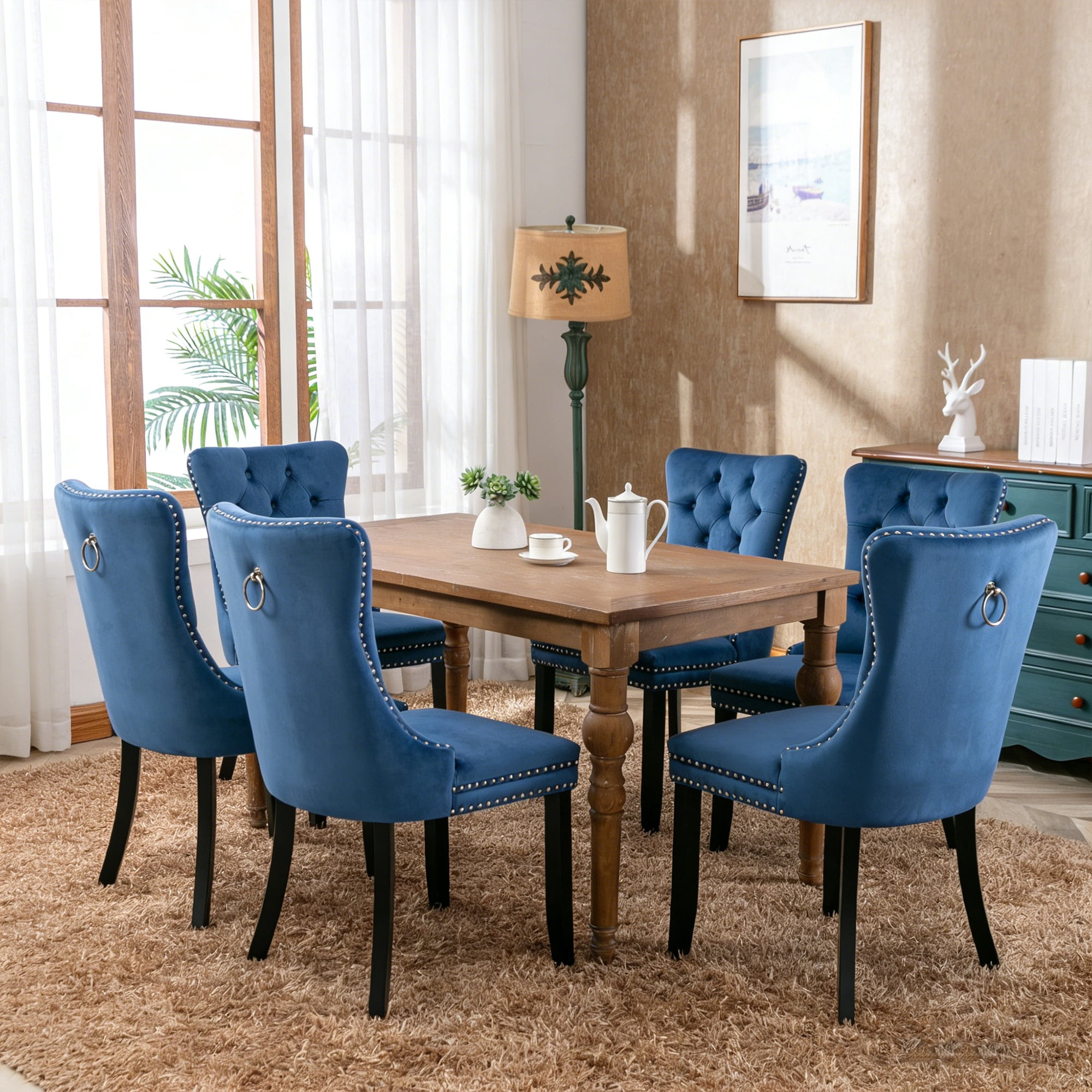 Velvet Tufted Dining Chairs Set of 6, Upholstered Accent Chairs with Solid Wood Frame for Kitchen & Dining Room
