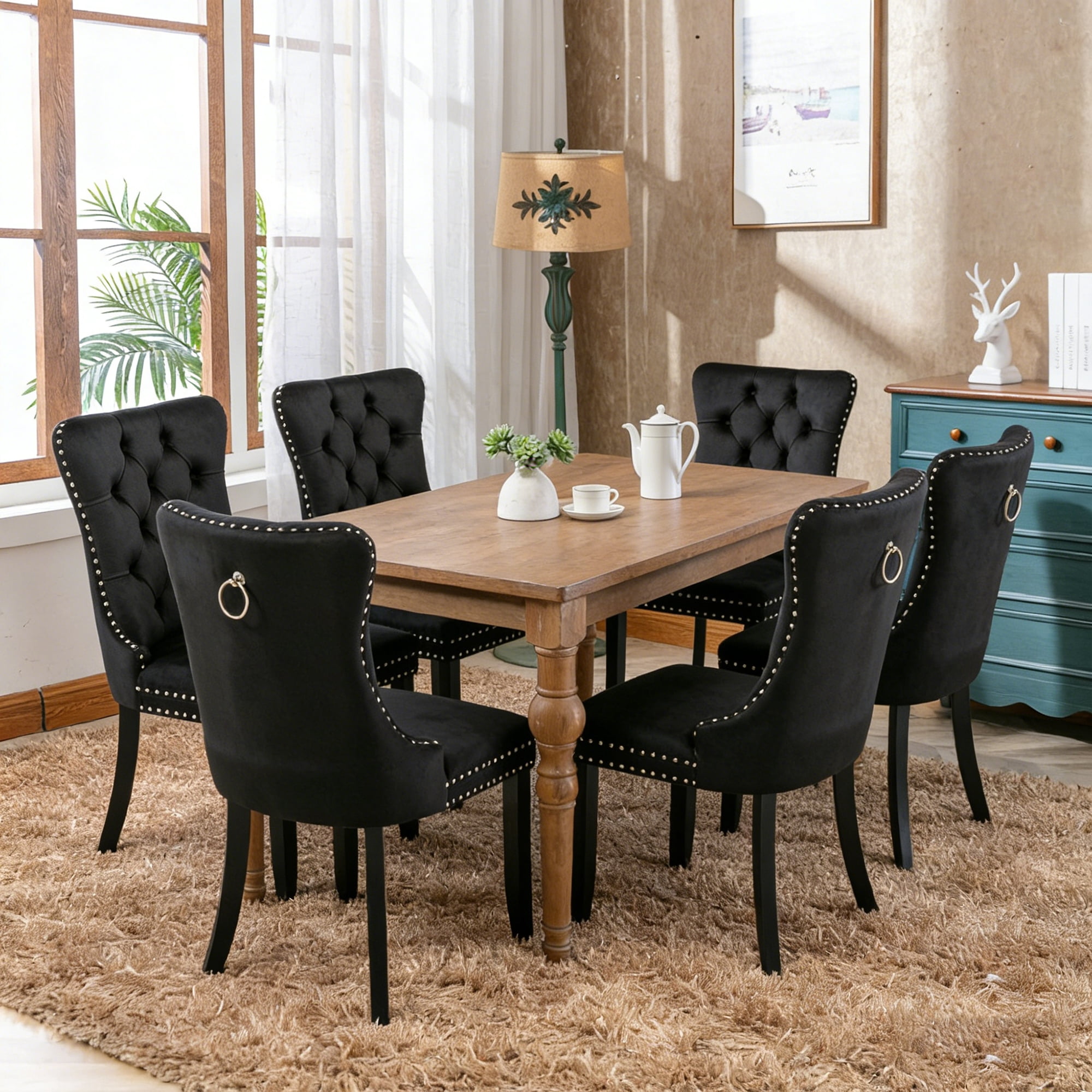 Velvet Tufted Dining Chairs Set of 6, Upholstered Accent Chairs with Solid Wood Frame for Kitchen & Dining Room