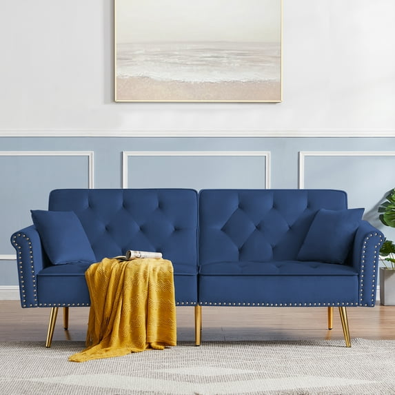 Velvet Tufted Futon Sofa Bed, Modern Loveseat Sleeper Couch with 2 Pillows and Nailhead Trim, Convertible Sofa Bed with Metal Legs and Adjustable Backrest for Small Space, Living Room, Dorm (Blue)