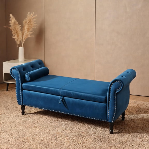 Velvet Tufted Multifunctional Flip Top Storage Bench, 63 Inch 2-Seat with Solid Wood Legs, Blue Finish