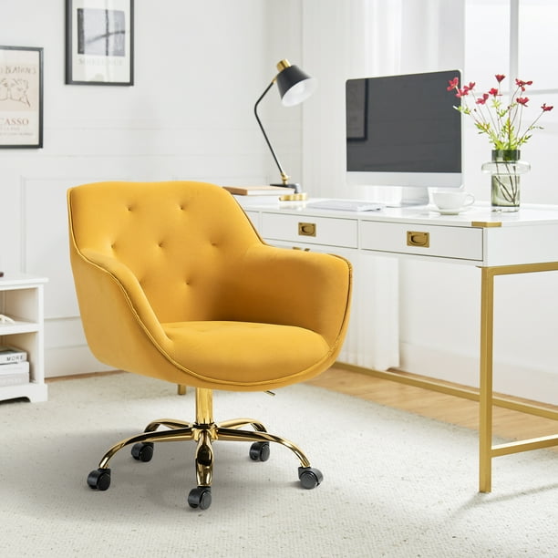 Velvet Tufted Office Chair Upholstered Swivel Modern Adjustable Armchair Metal Base Home Bedroom Mustard Walmart Business Supplies