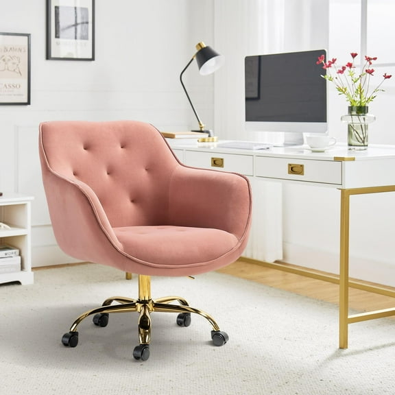 Velvet Tufted Office Chair Upholstered Swivel Modern Adjustable Armchair Metal Base Home Bedroom Pink