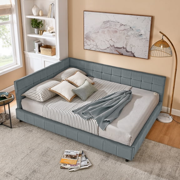 Velvet Tufted Queen Bed Frame with Headboard, Mid-Century Queen Daybed Sofa Bed Frame with Backrest & Armrest, Multi-Functional Bed Frame for Bedroom Living Room