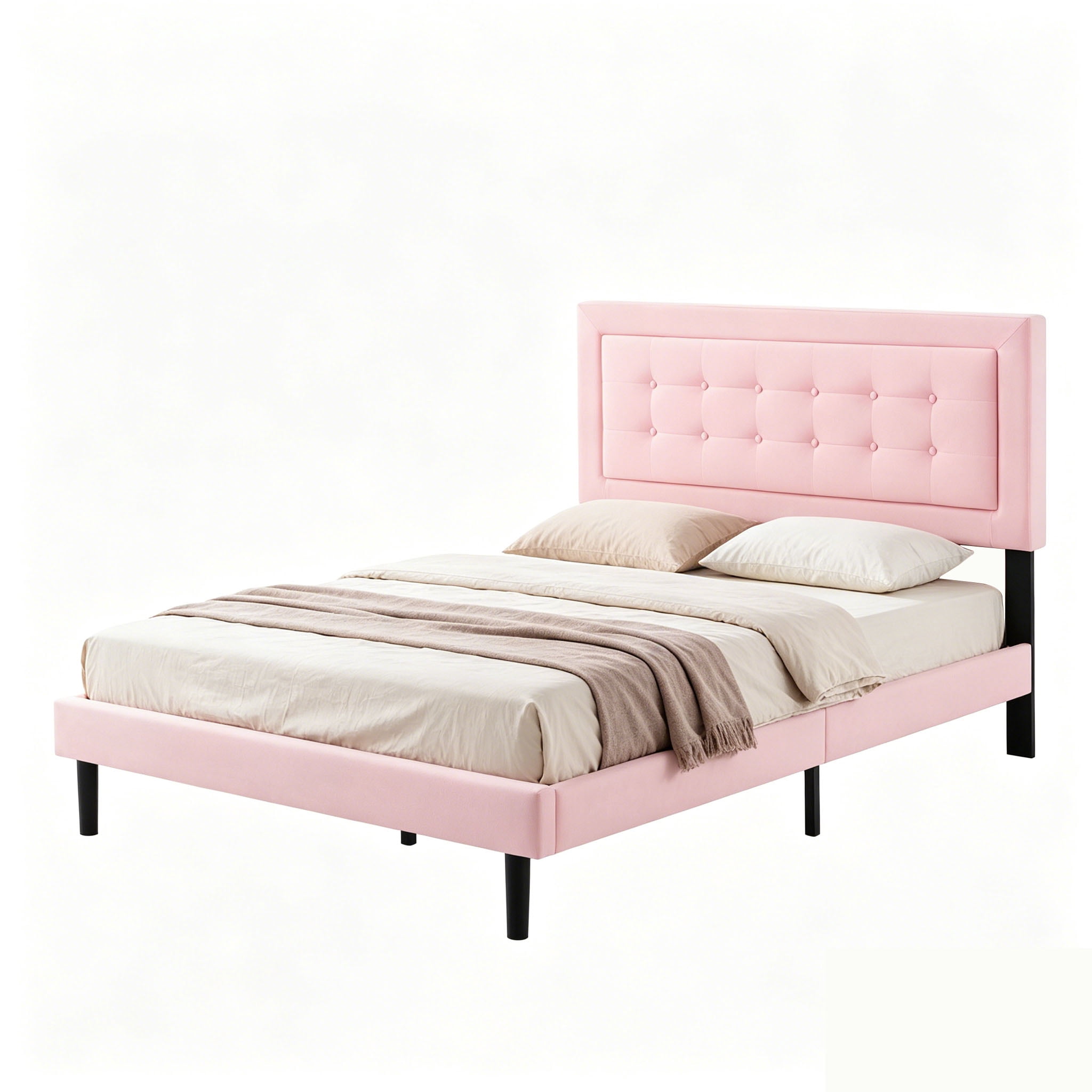 Velvet Tufted Queen Upholstered Platform Bed Frame with 12 Solid Wood Slats, No Box Spring Needed Quick Assembly Bedroom Bed Base