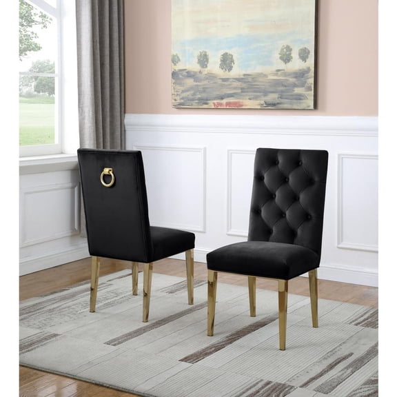 Velvet Tufted Side Chairs in Black with Gold Chrome Legs (Set of 2)