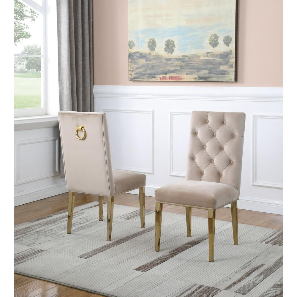Beige Velvet Tufted Parsons Side Chair with Gold Metal Legs