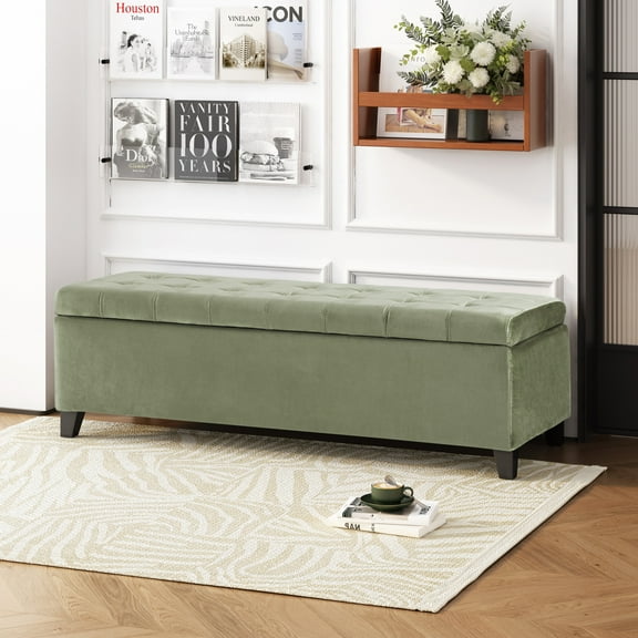 Velvet Tufted Storage Bench with Lift-Up Top & Birch Wood Legs, Pistachio