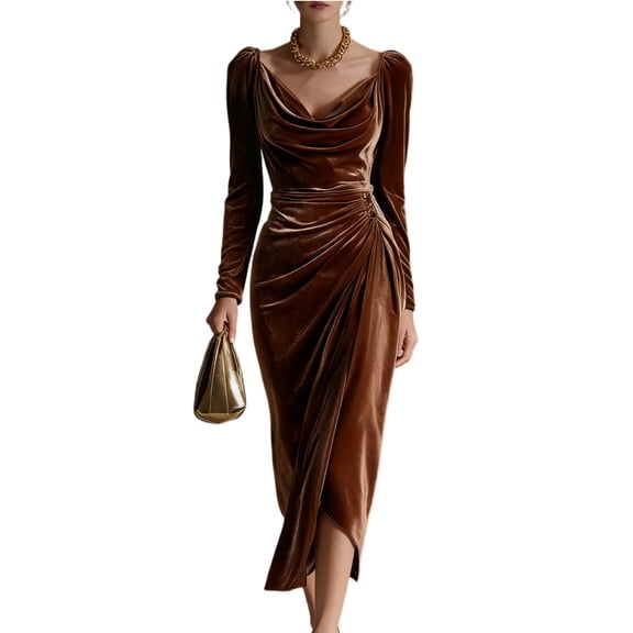 Velvet Tulle Midi Dress with Long Sleevee Cowl Neck Formal Cocktail Dresses Bodycon Ruched Wedding Guest Party Gown Brown M