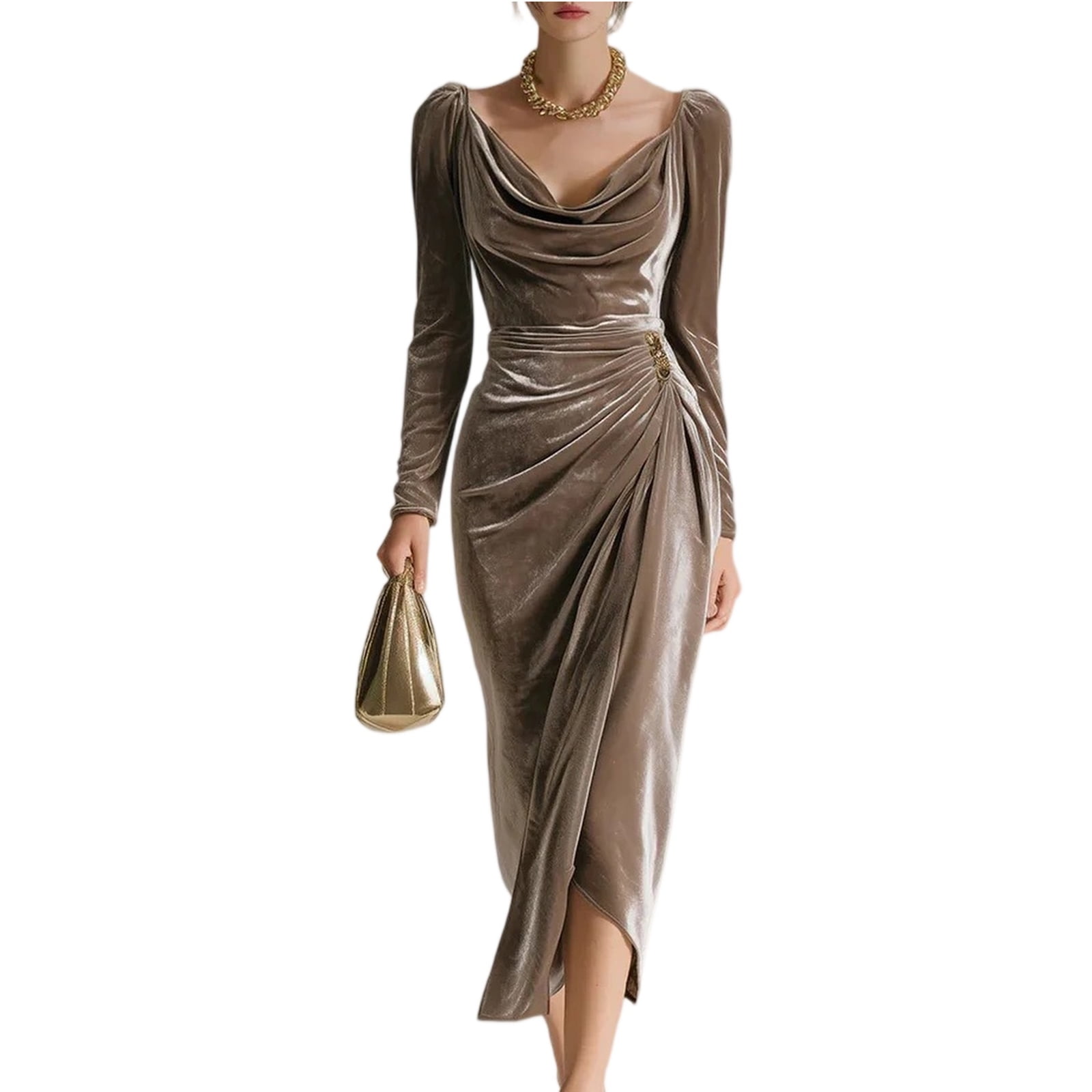 Velvet Tulle Midi Dress with Long Sleevee Cowl Neck Formal Cocktail Dresses Bodycon Ruched Wedding Guest Party Gown Camel L Velvet Tulle Midi Dress with Long Sleevee Cowl Neck Formal Cocktail Dresses Bodycon Ruched Wedding Guest Party Gown Camel L