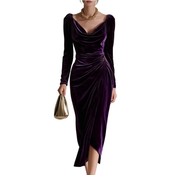 Velvet Tulle Midi Dress with Long Sleevee Cowl Neck Formal Cocktail Dresses Bodycon Ruched Wedding Guest Party Gown Dark Purple L