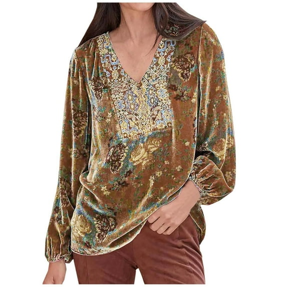 Velvet Tunics for Women, Ladies Velvet Tunic Long Sleeve Vintage Boho Floral Printed Pullover,Casual V Neck Pullover Comfy Soft Blouse Shirts Velvet Blouses for Women