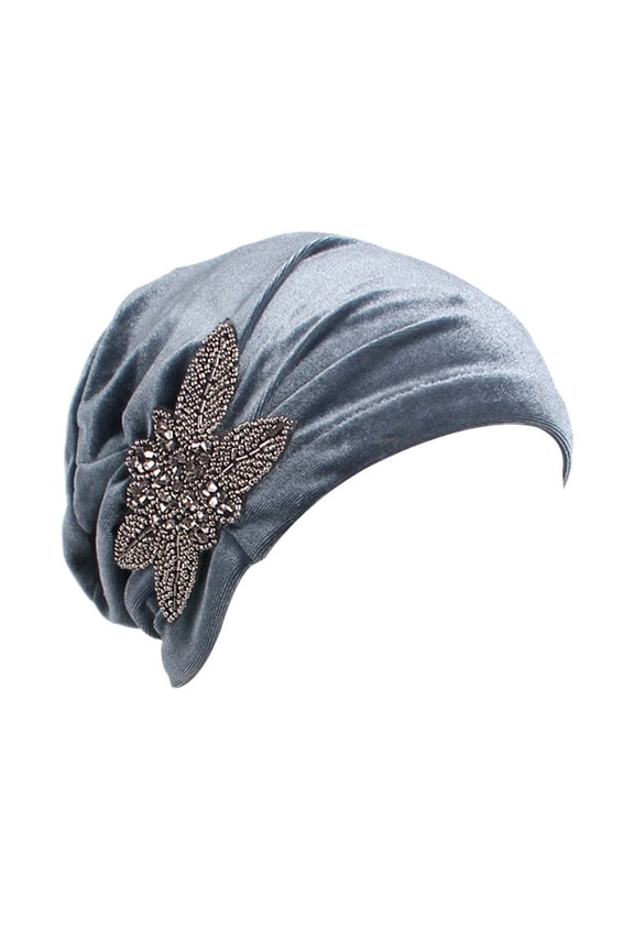 Velvet Turban Hat, Beaded Flower Decor Headwear, Soft Plush Head Wrap, Multi Functional Head Cap, Elegant Ornamental Hat For Daily Wearing,Grey
