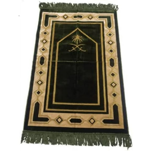 Velvet Turkish Muslim Islamic Janamaz/Prayer Mat, Anti-Skid Prayer Mat, (Approx. 4 x 2 Ft) (Color Dark Green And Gold)