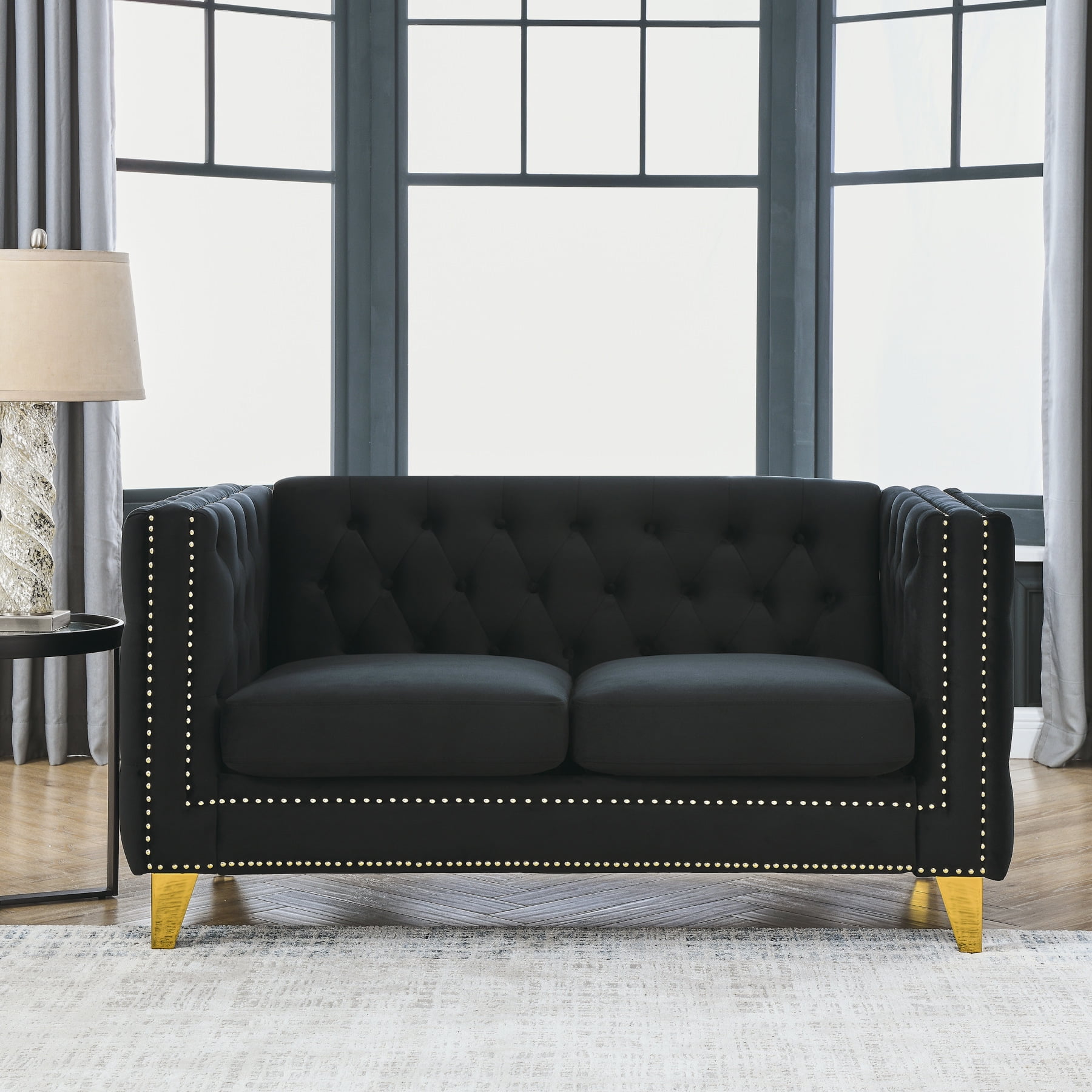 Black velvet two seater sofa discount